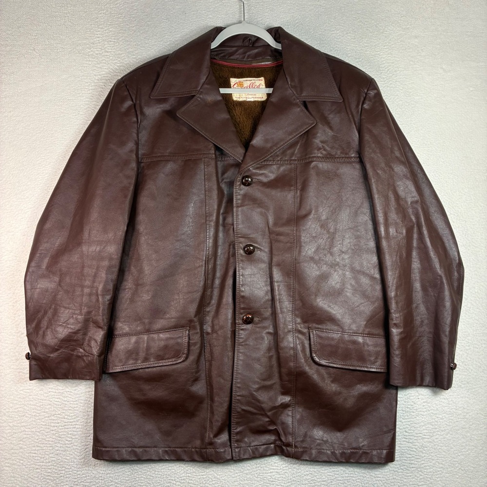 Vintage Excelled Leather Coat Men 44 Brown Sherpa Fur Lined Jacket Made USA 70s